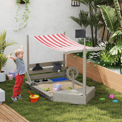 Sandbox Sandpit Large with Cover in Ship Design Mud Box Made of Wood Sailboat Playhouse with Kitchen Playset Storage for Children 3-7 Years Gray 180 x 103 x 144.5 cm