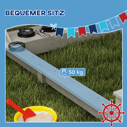 Sandbox Sandpit Large with Cover in Ship Design Mud Box Made of Wood Sailboat Playhouse with Kitchen Playset Storage for Children 3-7 Years Gray 180 x 103 x 144.5 cm