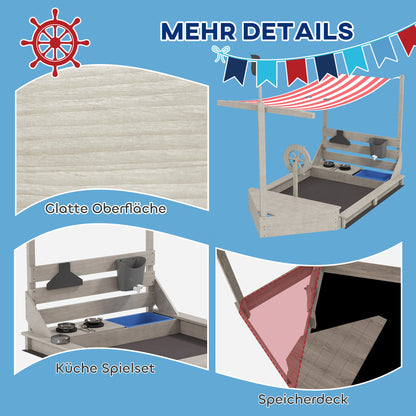 Sandbox Sandpit Large with Cover in Ship Design Mud Box Made of Wood Sailboat Playhouse with Kitchen Playset Storage for Children 3-7 Years Gray 180 x 103 x 144.5 cm