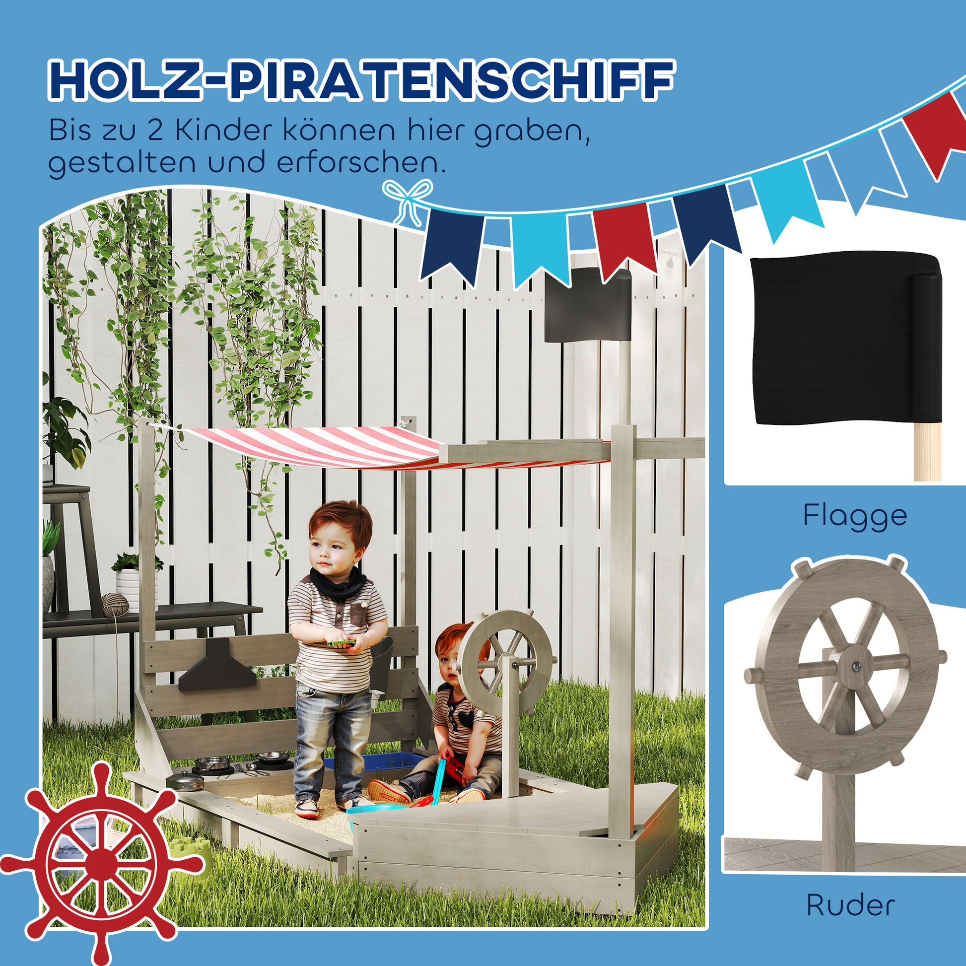 Sandbox Sandpit Large with Cover in Ship Design Mud Box Made of Wood Sailboat Playhouse with Kitchen Playset Storage for Children 3-7 Years Gray 180 x 103 x 144.5 cm