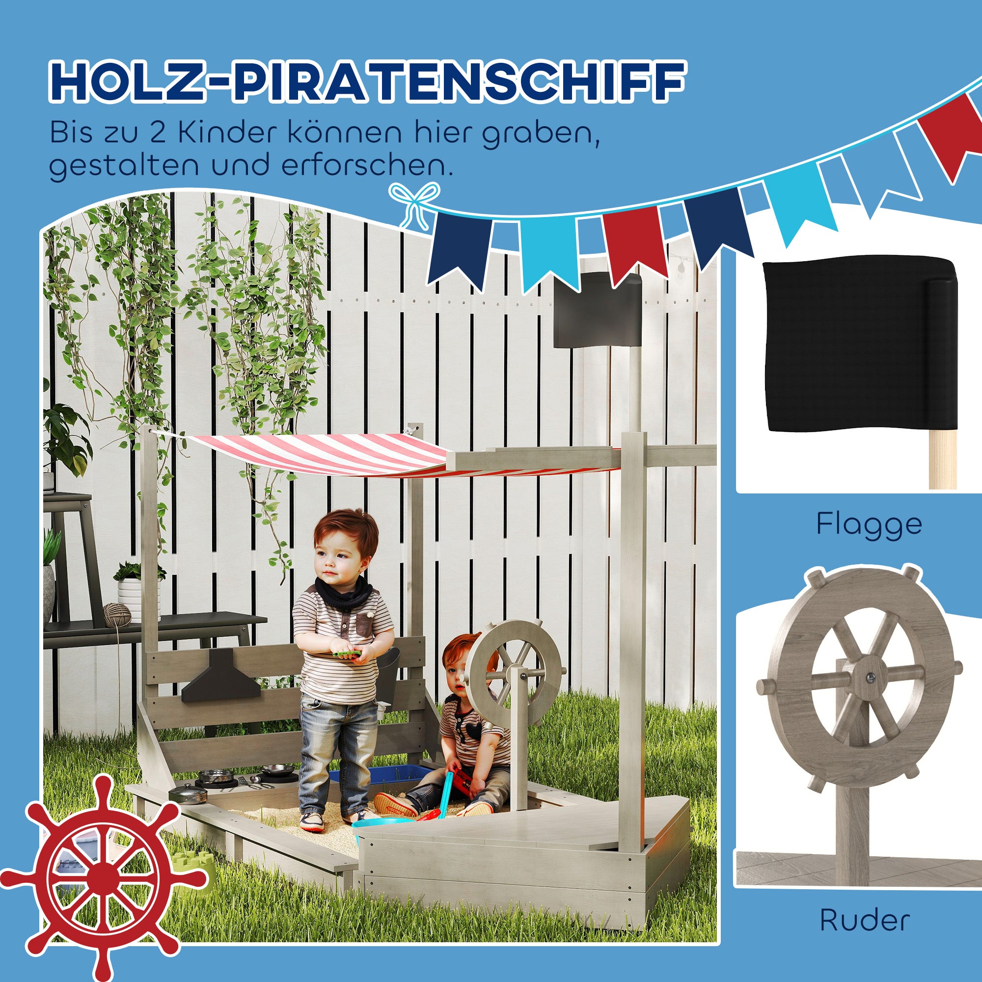 Sandbox Sandpit Large with Cover in Ship Design Mud Box Made of Wood Sailboat Playhouse with Kitchen Playset Storage for Children 3-7 Years Gray 180 x 103 x 144.5 cm