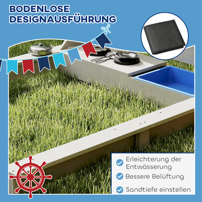 Sandbox Sandpit Large with Cover in Ship Design Mud Box Made of Wood Sailboat Playhouse with Kitchen Playset Storage for Children 3-7 Years Gray 180 x 103 x 144.5 cm