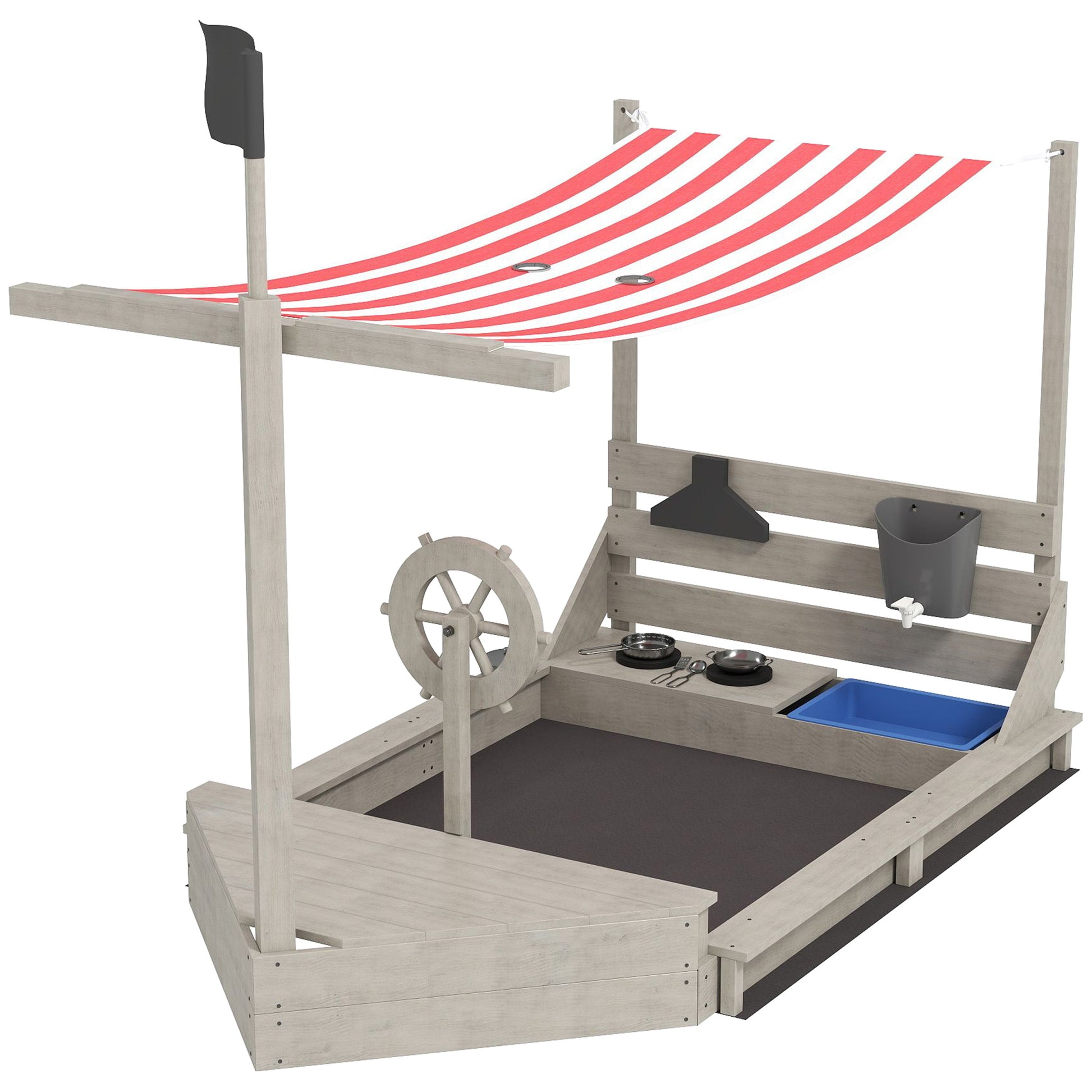 Sandbox Sandpit Large with Cover in Ship Design Mud Box Made of Wood Sailboat Playhouse with Kitchen Playset Storage for Children 3-7 Years Gray 180 x 103 x 144.5 cm