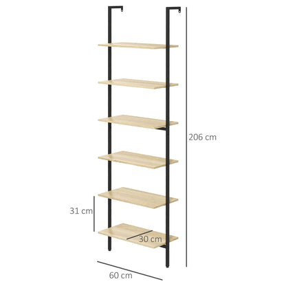 Wall Leaning Ladder Shelf Bookcase Industrial Storage Shelf 6 Shelves Black Steel Natural Wood Look - dim. 60L x 30W x 206H cm