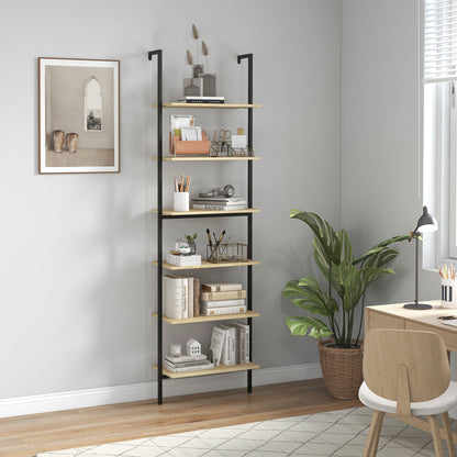 Wall Leaning Ladder Shelf Bookcase Industrial Storage Shelf 6 Shelves Black Steel Natural Wood Look - dim. 60L x 30W x 206H cm