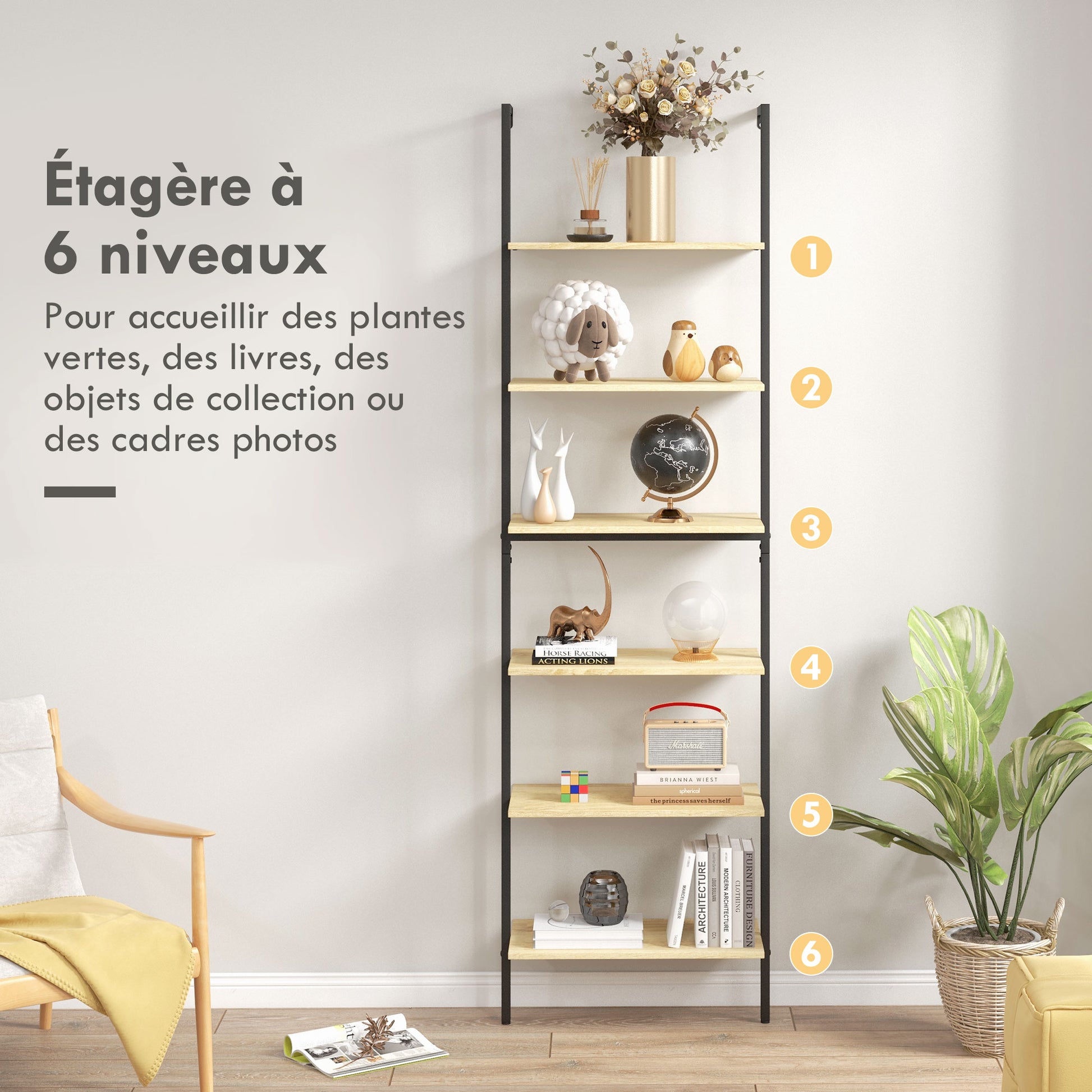 Wall Leaning Ladder Shelf Bookcase Industrial Storage Shelf 6 Shelves Black Steel Natural Wood Look - dim. 60L x 30W x 206H cm