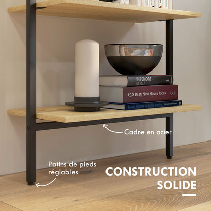 Wall Leaning Ladder Shelf Bookcase Industrial Storage Shelf 6 Shelves Black Steel Natural Wood Look - dim. 60L x 30W x 206H cm