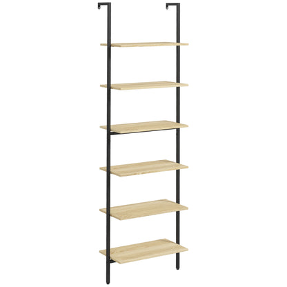 Wall Leaning Ladder Shelf Bookcase Industrial Storage Shelf 6 Shelves Black Steel Natural Wood Look - dim. 60L x 30W x 206H cm