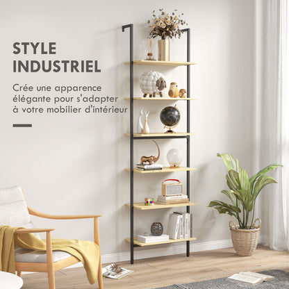 Wall Leaning Ladder Shelf Bookcase Industrial Storage Shelf 6 Shelves Black Steel Natural Wood Look - dim. 60L x 30W x 206H cm