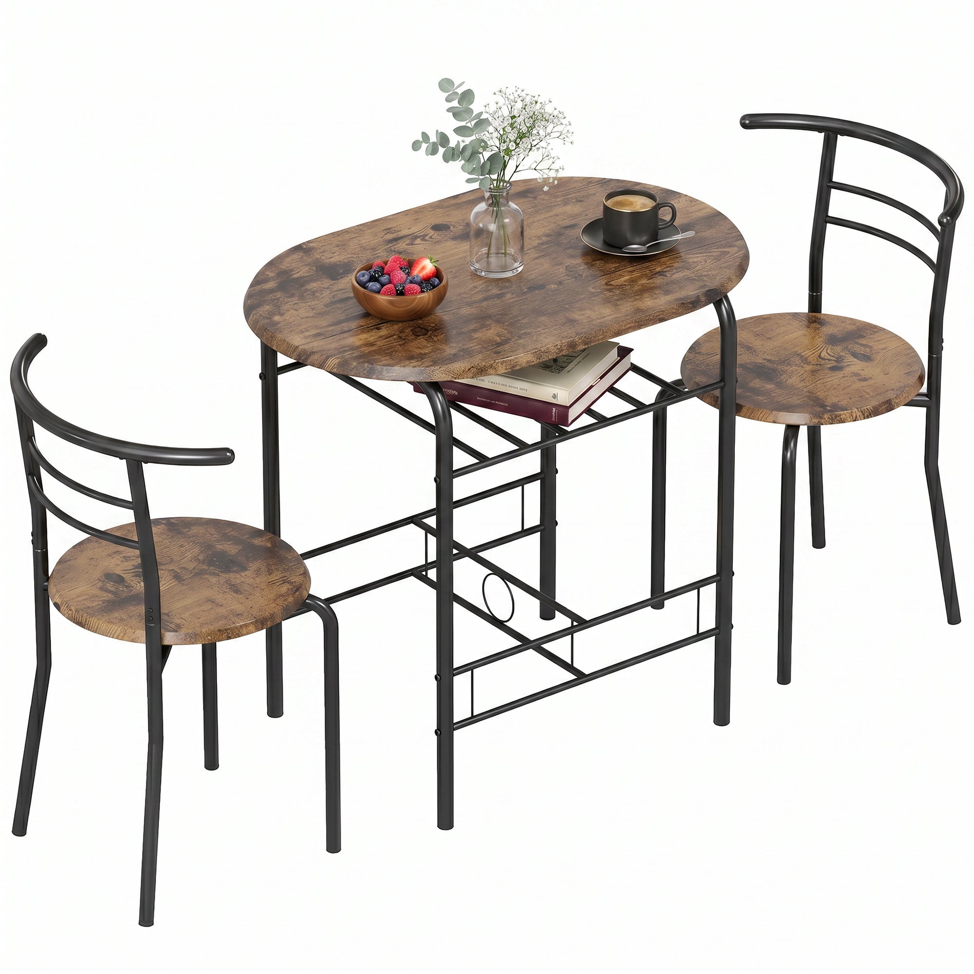 3-Piece Dining Set – 31.5 in Table with 2 Chairs & Shelf, Rustic Brown, Ideal for Small Spaces