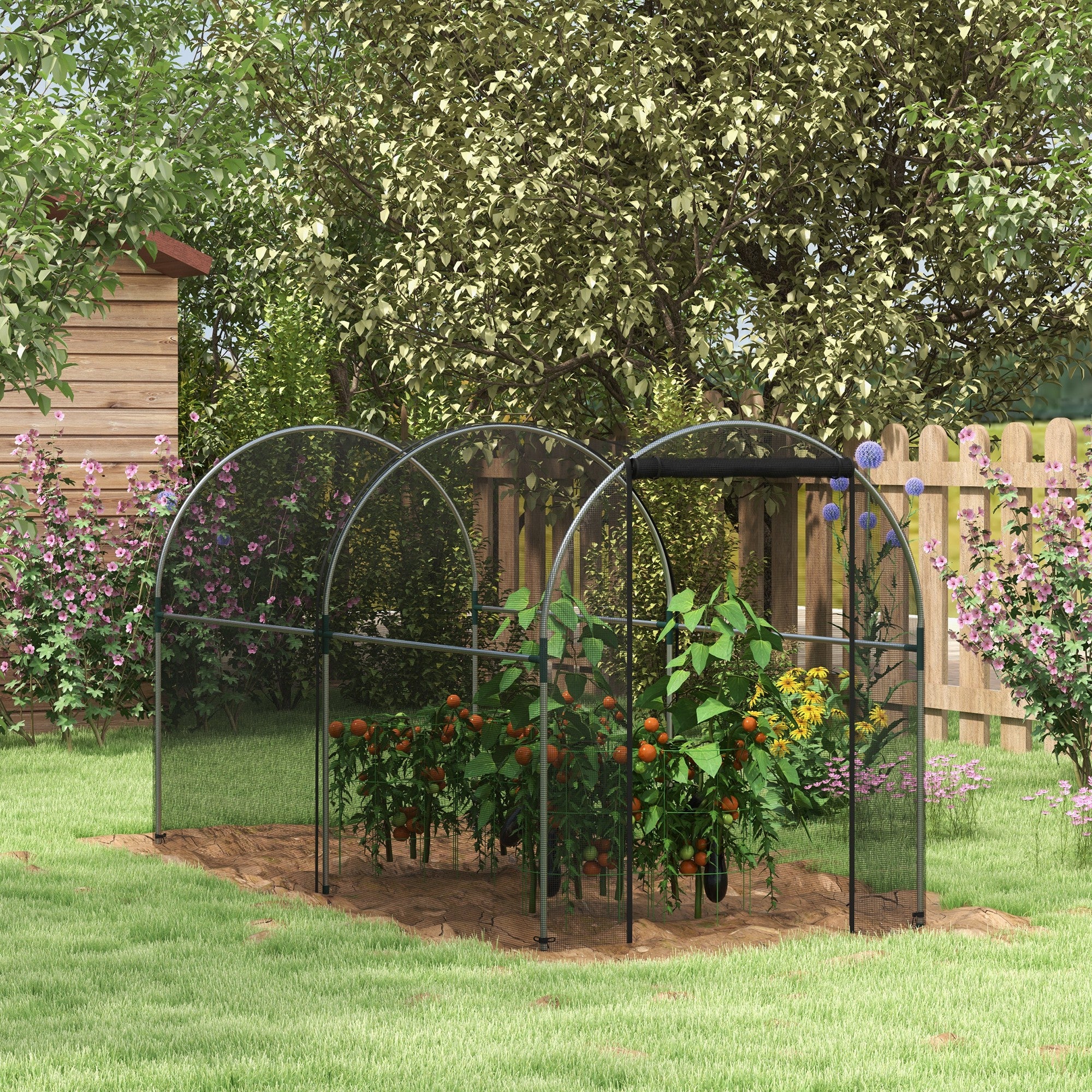 Plant Protection Cage with Support Beams, Zippered Door, and Anti-UV for Protecting Plants in Garden, Terrace, Patio 120x300x146 cm Black