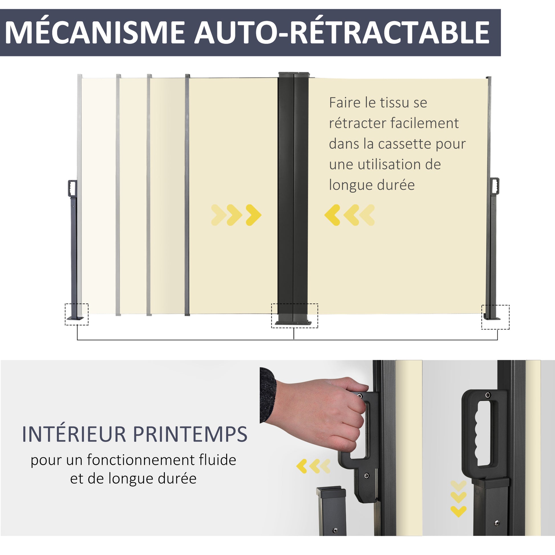 Double Side Store Privacy Screen Retractable Windbreak dim. 6L x 1.80H m High Density UV-resistant 180 g/m² Polyester Cream