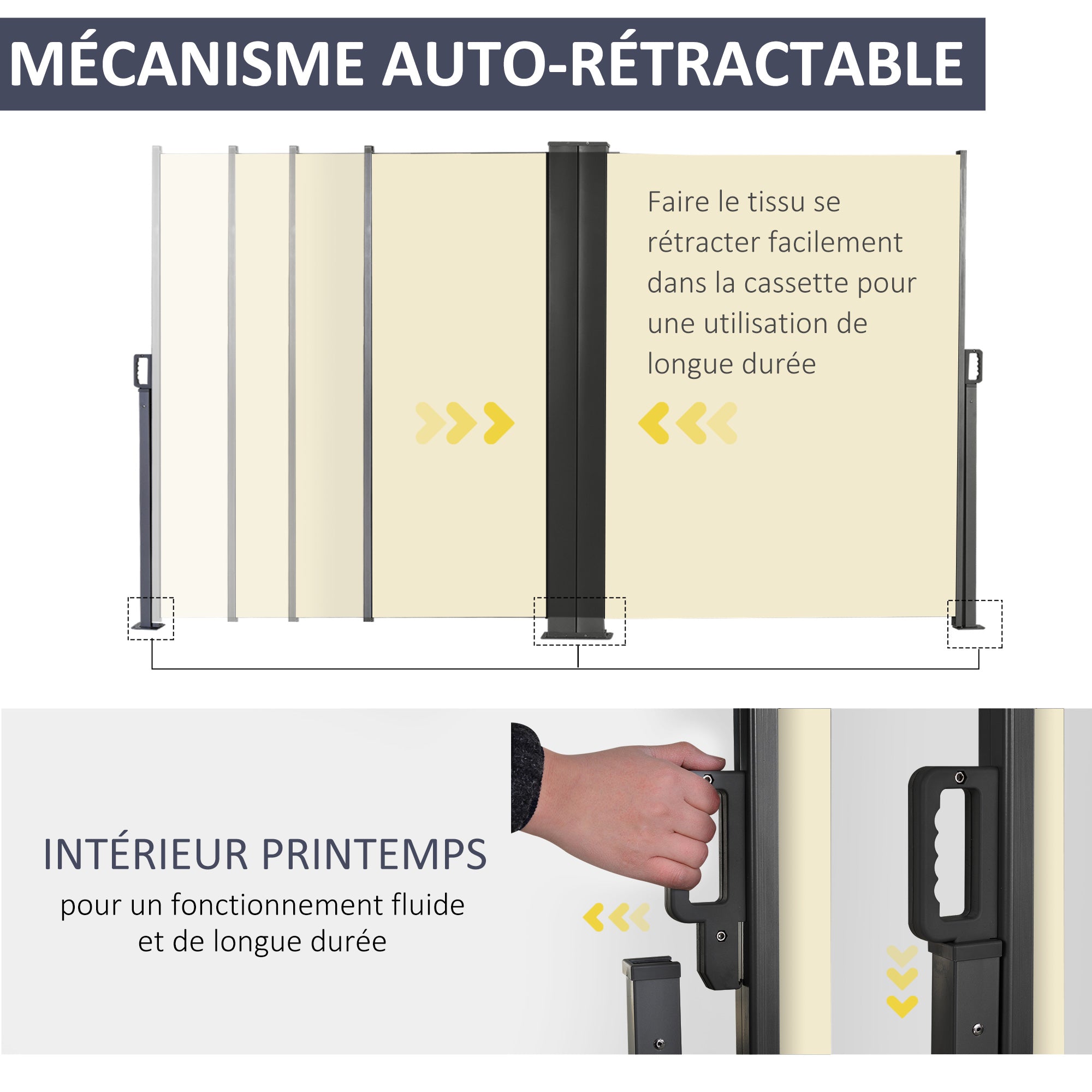 Double Side Store Privacy Screen Retractable Windbreak dim. 6L x 1.80H m High Density UV-resistant 180 g/m² Polyester Cream