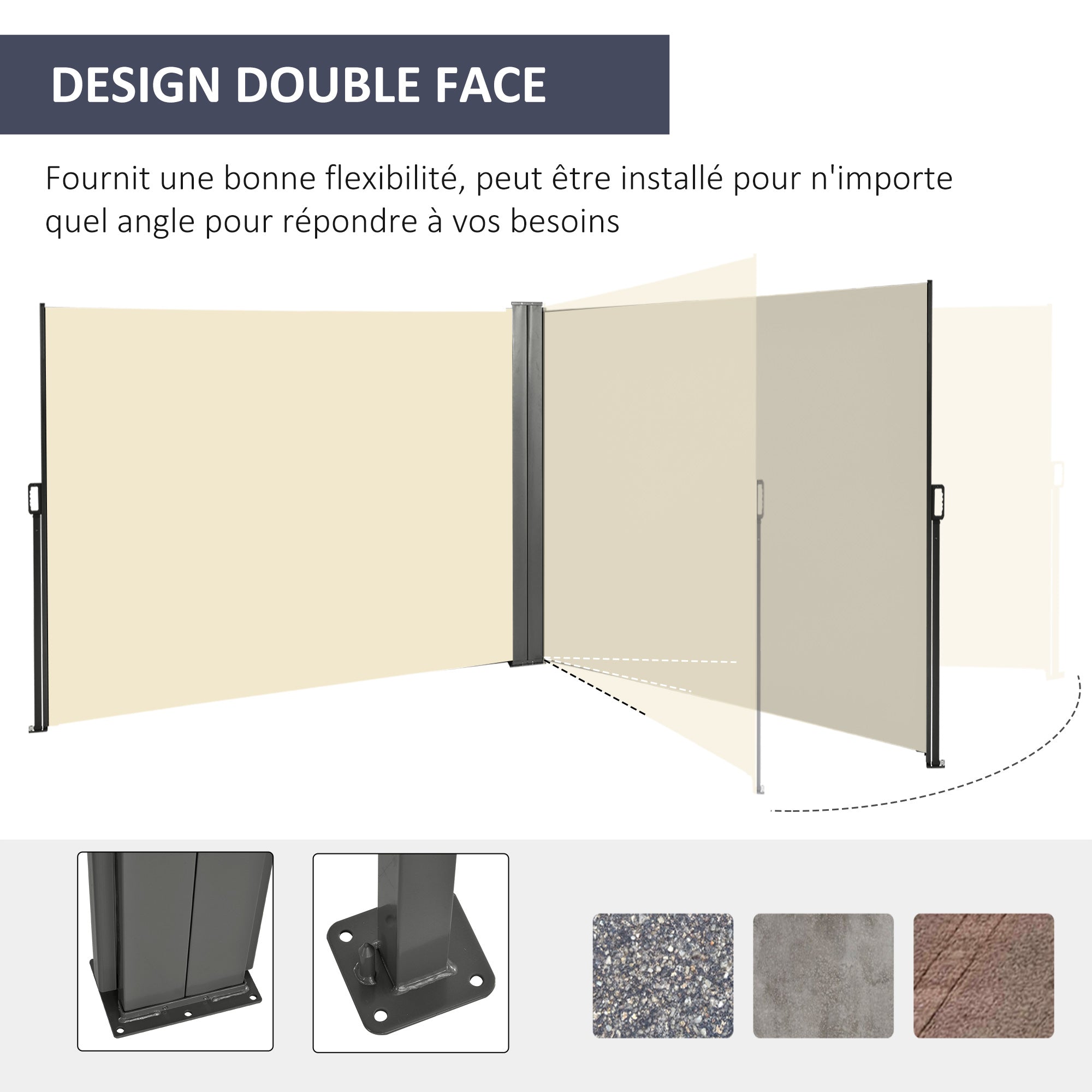 Double Side Store Privacy Screen Retractable Windbreak dim. 6L x 1.80H m High Density UV-resistant 180 g/m² Polyester Cream