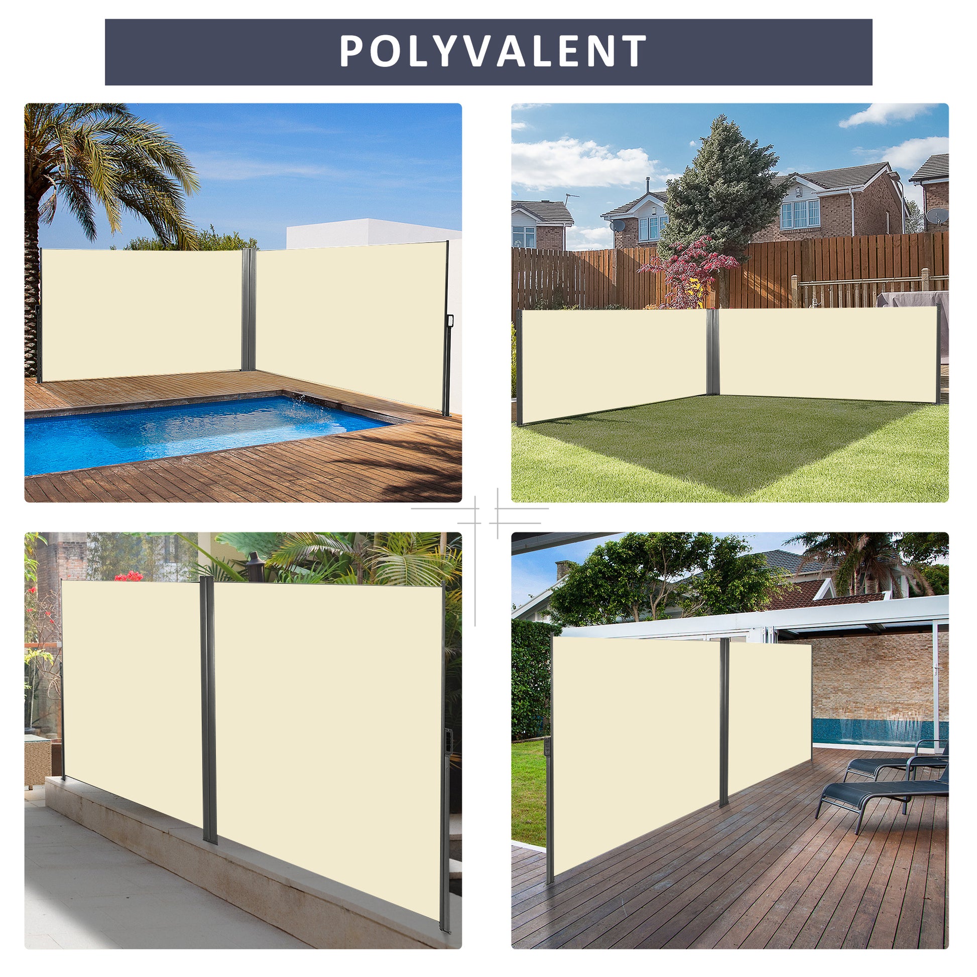 Double Side Store Privacy Screen Retractable Windbreak dim. 6L x 1.80H m High Density UV-resistant 180 g/m² Polyester Cream