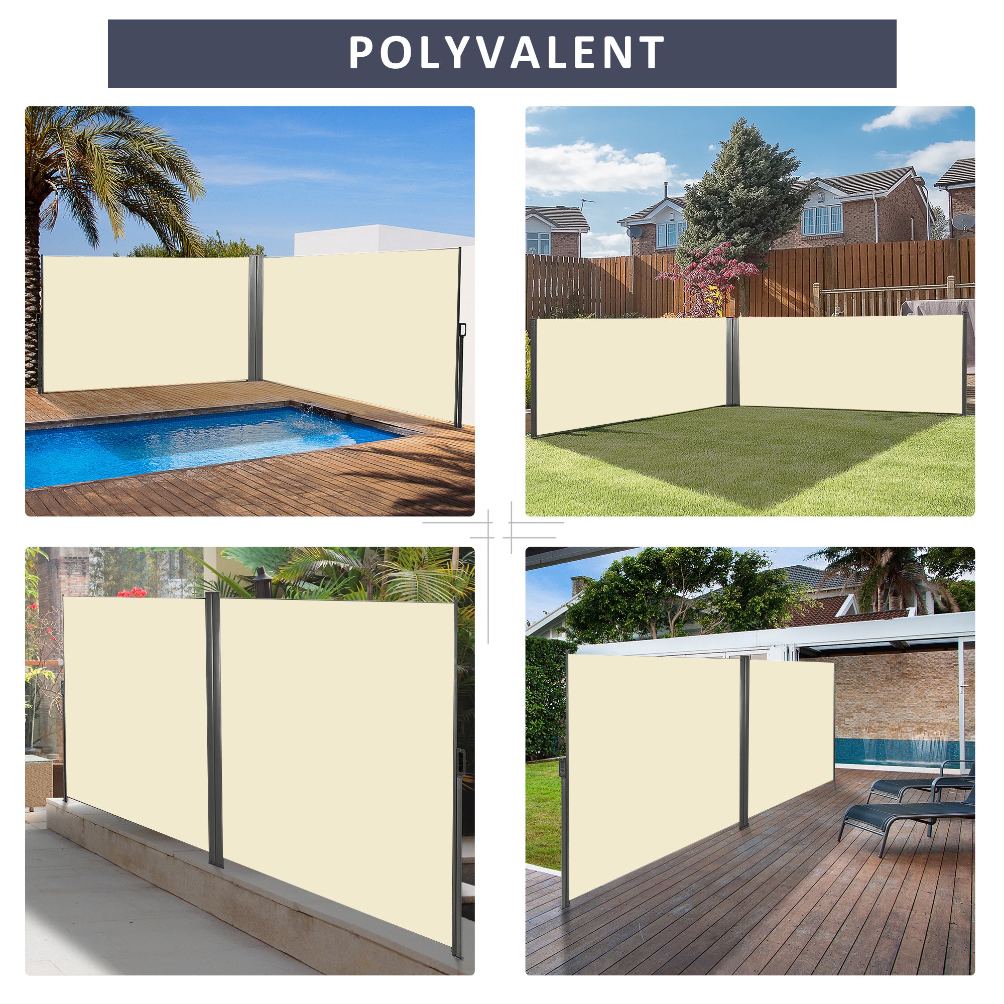 Double Side Store Privacy Screen Retractable Windbreak dim. 6L x 1.80H m High Density UV-resistant 180 g/m² Polyester Cream