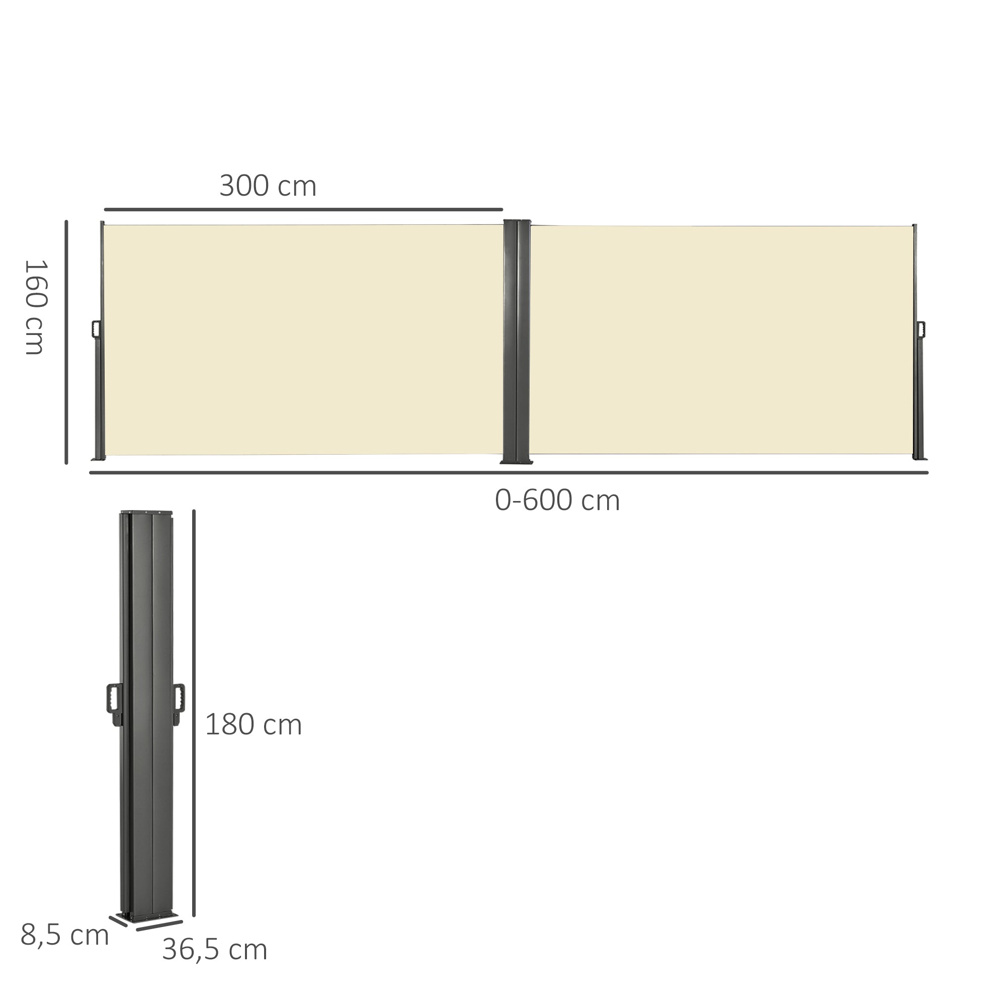 Double Side Store Privacy Screen Retractable Windbreak dim. 6L x 1.80H m High Density UV-resistant 180 g/m² Polyester Cream