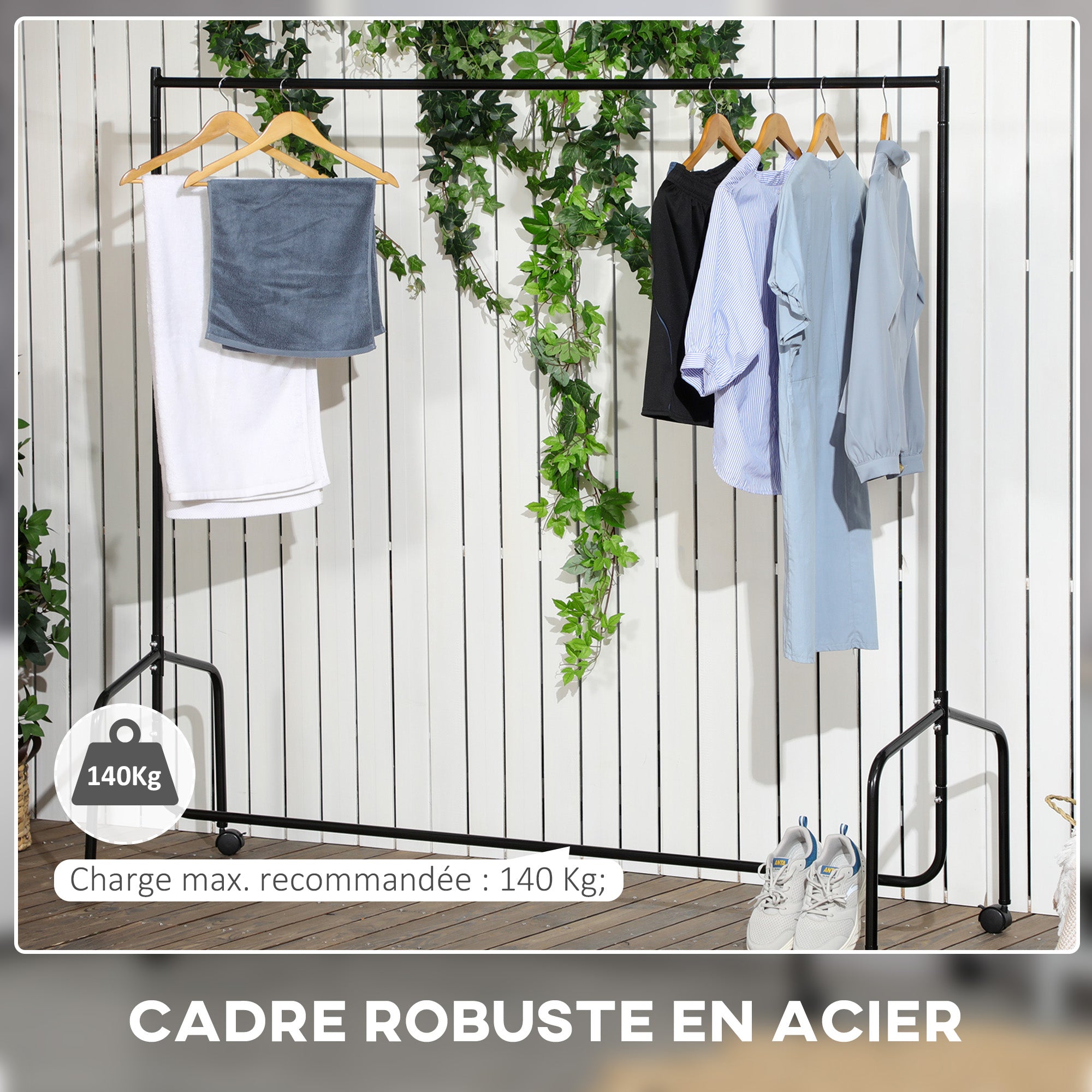 Clothes Rack with Wheels Solid Clothes Rail Coat Stand Load 140 Kg 180 x 60 x 170 cm Black Steel