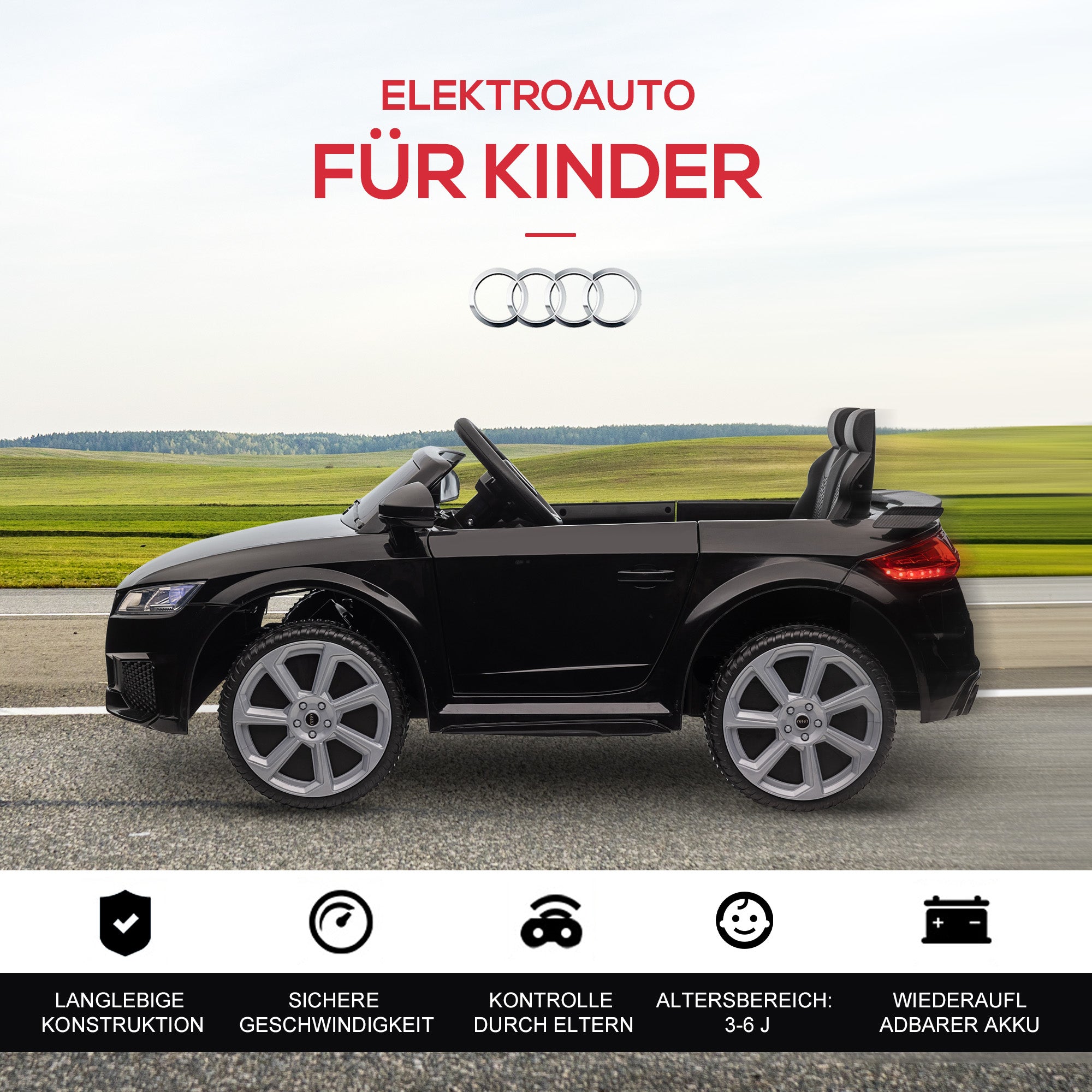 Kids Electric Car 12V Children's Vehicle with 2.4G Remote Control, Music, Horn, Electric Vehicle with LED Light, USB/MP3 Connection, Reverse Function, for Children 3-5 Years, Black