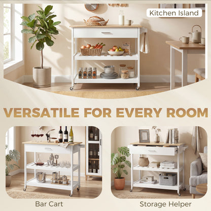 3-Tier Serving Cart with Large Worktop, Drawer & 2 Open Shelves, Towel Rack, Rolling Kitchen Trolley, White — 108.8 x 51 x 92.5 cm (42.8 x 20.1 x 36.4 in)