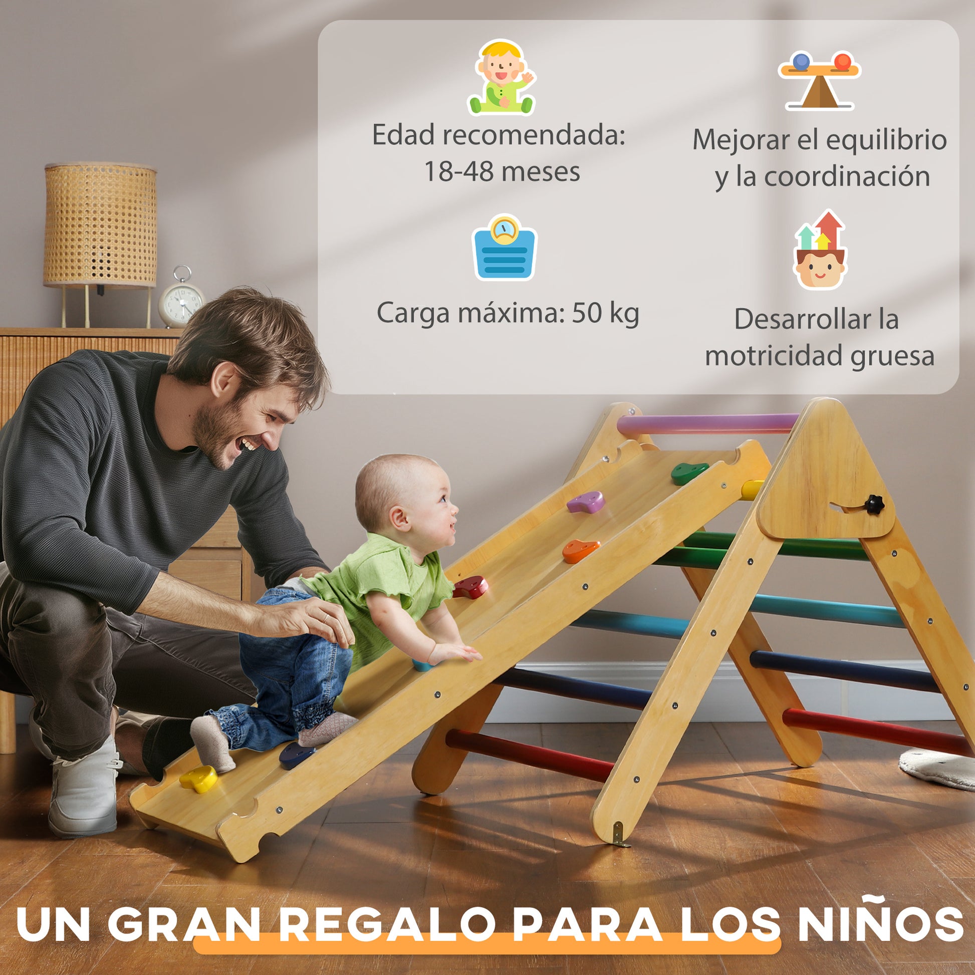 Foldable Wooden Climbing Triangle 3 in 1 Climbing Playset for Kids aged 18-48 Months with Slide or Climb Ramp 147x64.5 cm Multicolor