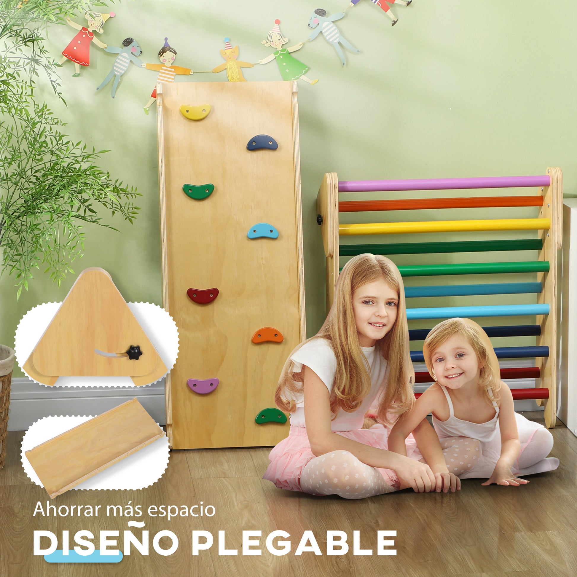 Foldable Wooden Climbing Triangle 3 in 1 Climbing Playset for Kids aged 18-48 Months with Slide or Climb Ramp 147x64.5 cm Multicolor
