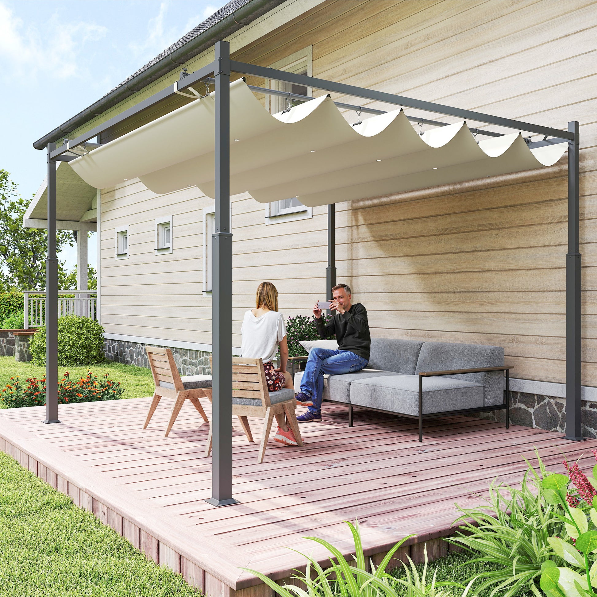 Retractable Sliding Pergola 3 x 3 m Outdoor Garden Pergola with Magnetic Fixation, Garden Canopy, High Density 180g/m² Polyester, Sun Shelter UPF30+, for Terrace, Patio, Cream