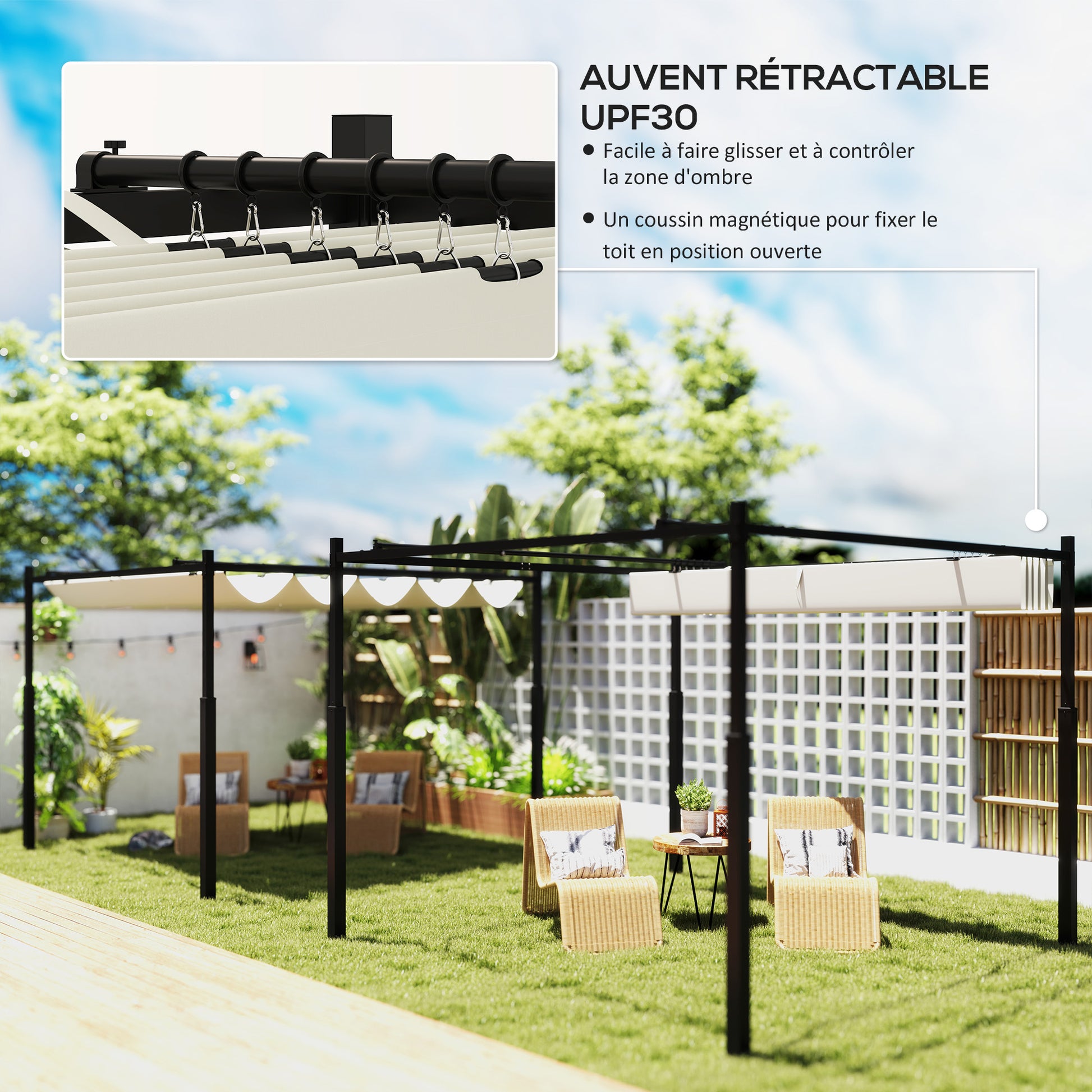 Retractable Sliding Pergola 3 x 3 m Outdoor Garden Pergola with Magnetic Fixation, Garden Canopy, High Density 180g/m² Polyester, Sun Shelter UPF30+, for Terrace, Patio, Cream