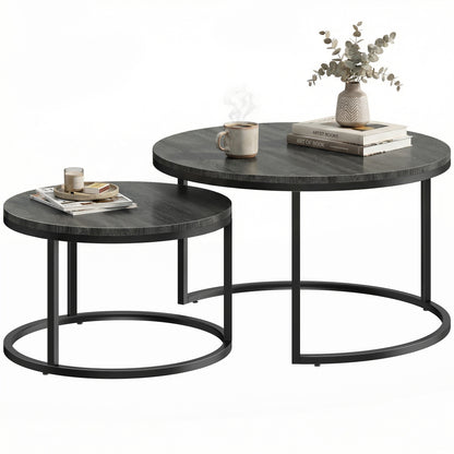 2-Piece Round Nesting Coffee Table Set with Metal Frame, Wood-Effect Tops, Black — 31.0 x 31.0 x 18.3 in