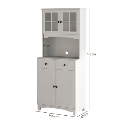 Kitchen Cabinet Tall Cabinet with Microwave Shelf, 2 Cabinets, 2 Drawers, Display Cabinet with Adjustable Shelves, Buffet Cabinet for Living Room, Dining Room, 74.5 x 40 x 172 cm, White