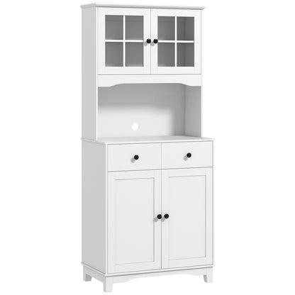 Kitchen Cabinet Tall Cabinet with Microwave Shelf, 2 Cabinets, 2 Drawers, Display Cabinet with Adjustable Shelves, Buffet Cabinet for Living Room, Dining Room, 74.5 x 40 x 172 cm, White