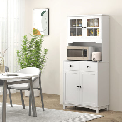 Kitchen Cabinet Tall Cabinet with Microwave Shelf, 2 Cabinets, 2 Drawers, Display Cabinet with Adjustable Shelves, Buffet Cabinet for Living Room, Dining Room, 74.5 x 40 x 172 cm, White
