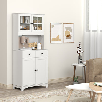 Kitchen Cabinet Tall Cabinet with Microwave Shelf, 2 Cabinets, 2 Drawers, Display Cabinet with Adjustable Shelves, Buffet Cabinet for Living Room, Dining Room, 74.5 x 40 x 172 cm, White