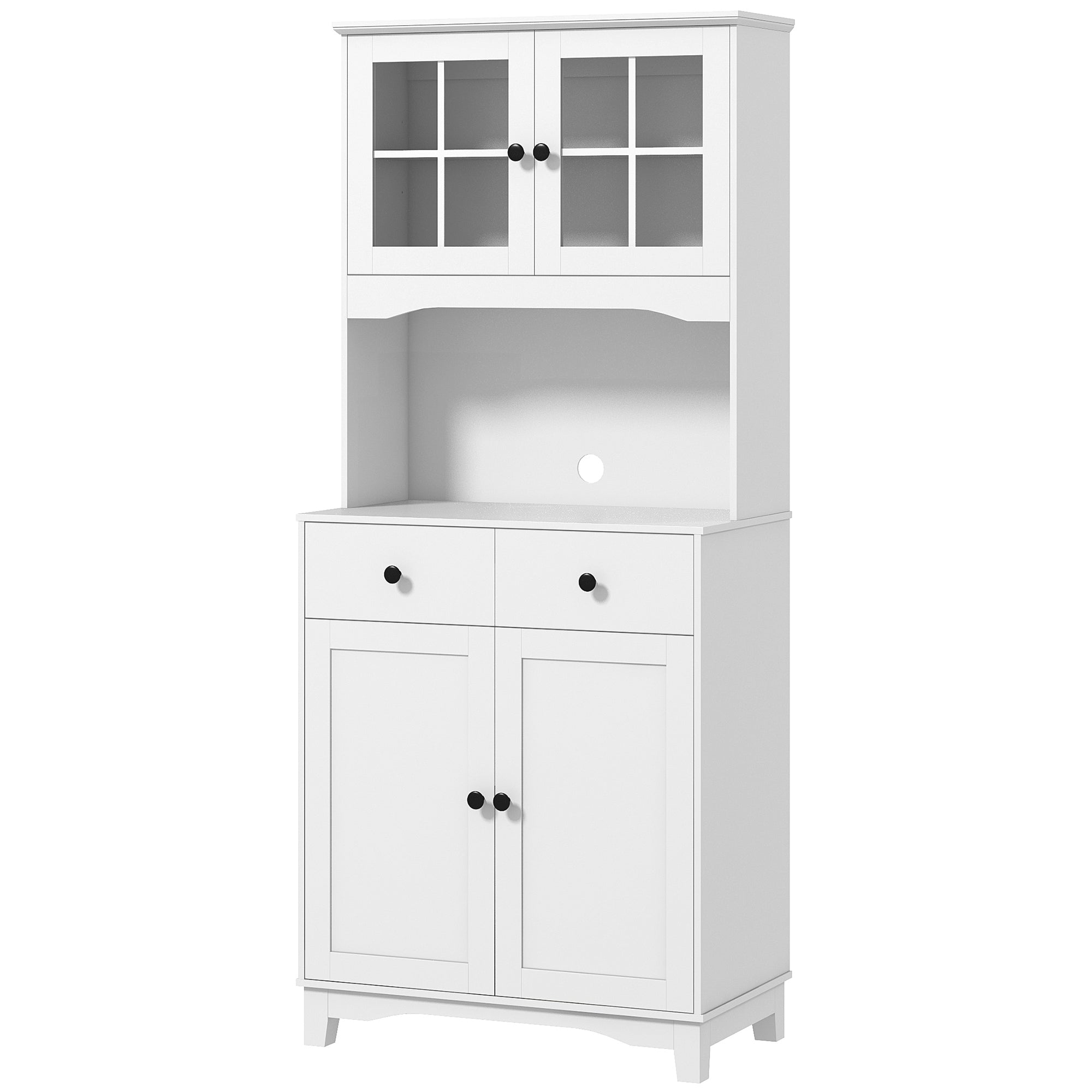 Kitchen Cabinet Tall Cabinet with Microwave Shelf, 2 Cabinets, 2 Drawers, Display Cabinet with Adjustable Shelves, Buffet Cabinet for Living Room, Dining Room, 74.5 x 40 x 172 cm, White