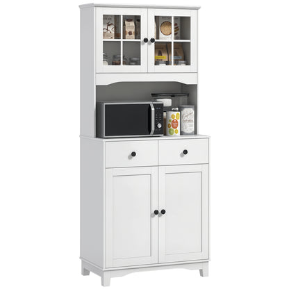Kitchen Cabinet Tall Cabinet with Microwave Shelf, 2 Cabinets, 2 Drawers, Display Cabinet with Adjustable Shelves, Buffet Cabinet for Living Room, Dining Room, 74.5 x 40 x 172 cm, White