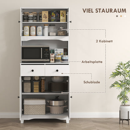 Kitchen Cabinet Tall Cabinet with Microwave Shelf, 2 Cabinets, 2 Drawers, Display Cabinet with Adjustable Shelves, Buffet Cabinet for Living Room, Dining Room, 74.5 x 40 x 172 cm, White