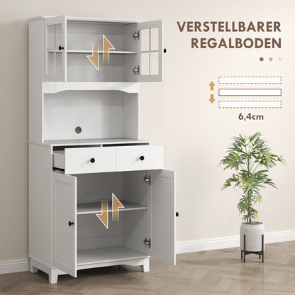 Kitchen Cabinet Tall Cabinet with Microwave Shelf, 2 Cabinets, 2 Drawers, Display Cabinet with Adjustable Shelves, Buffet Cabinet for Living Room, Dining Room, 74.5 x 40 x 172 cm, White