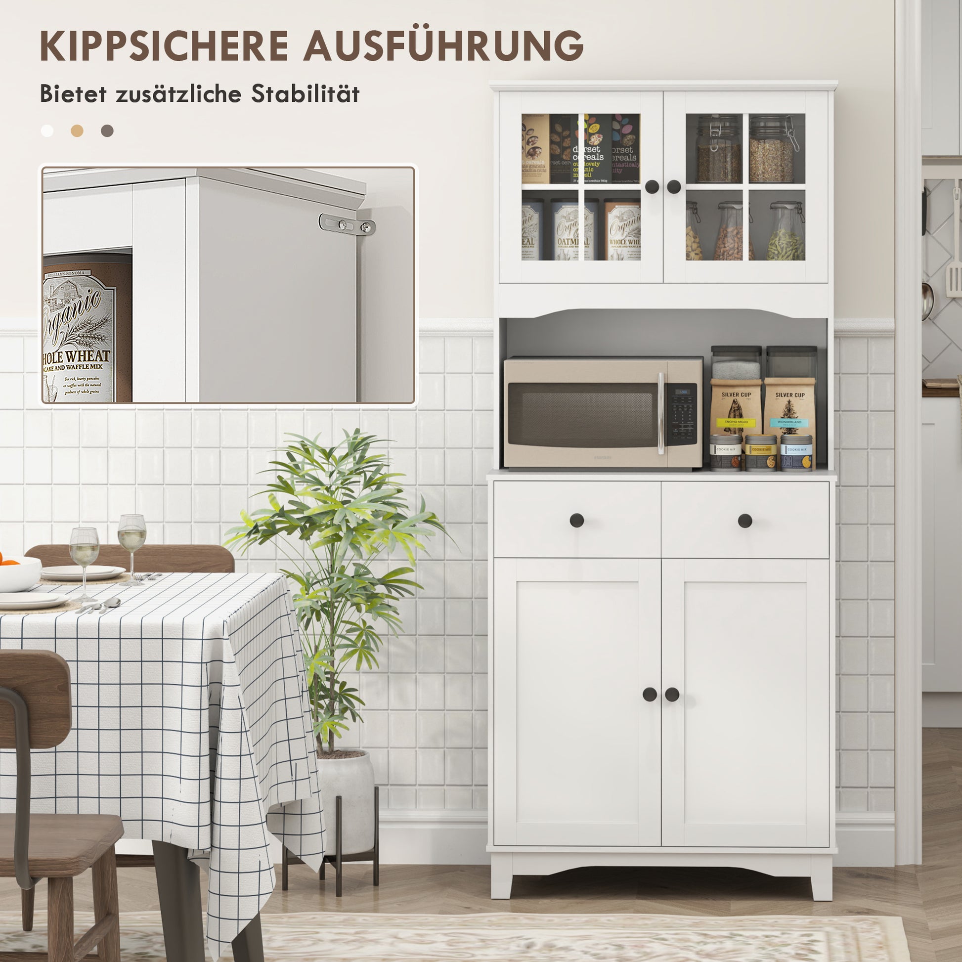 Kitchen Cabinet Tall Cabinet with Microwave Shelf, 2 Cabinets, 2 Drawers, Display Cabinet with Adjustable Shelves, Buffet Cabinet for Living Room, Dining Room, 74.5 x 40 x 172 cm, White