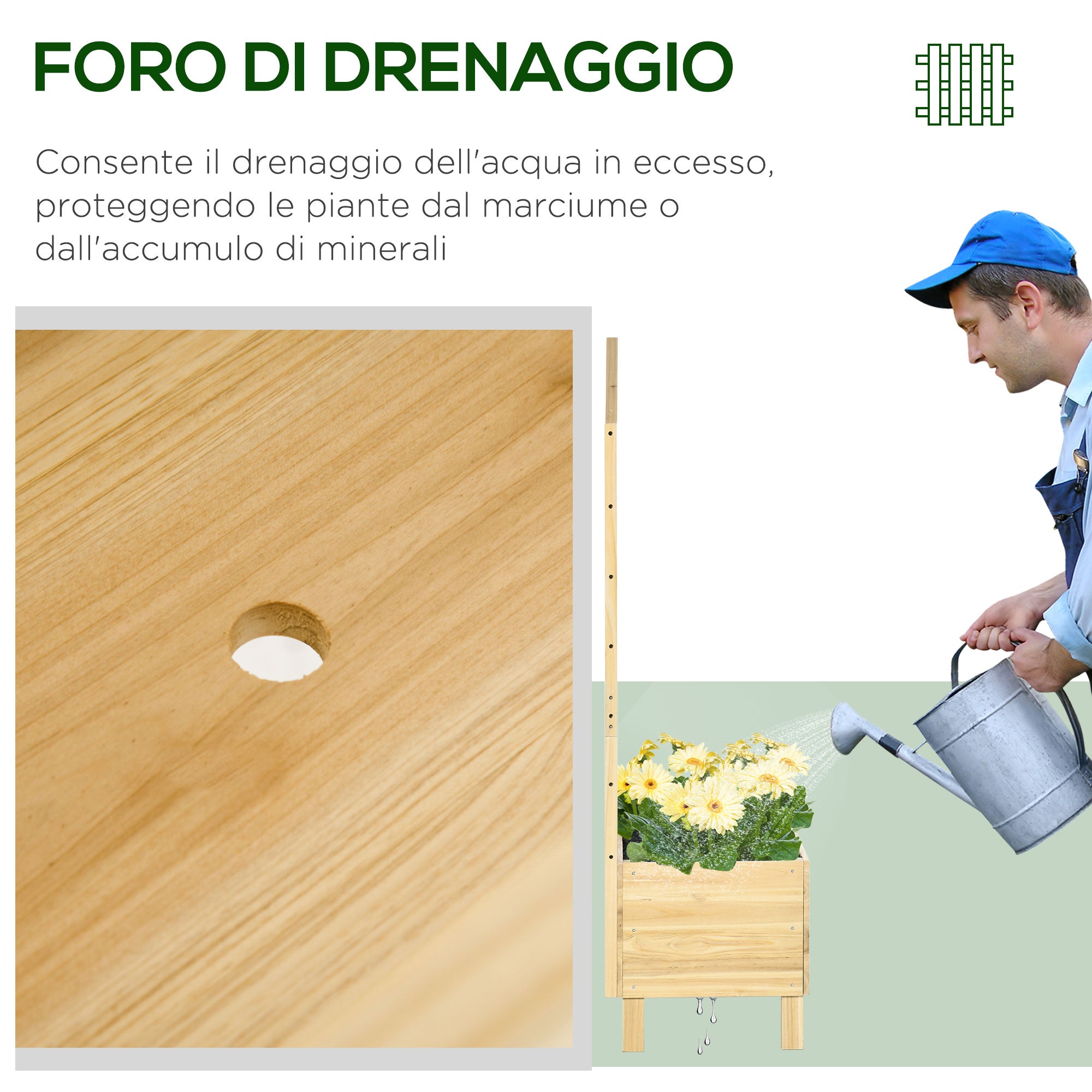 Outdoor Planter in Fir Wood with Trellis, Drainage Holes, and Non-Woven Fabric at the Bottom, 90x43x150 cm