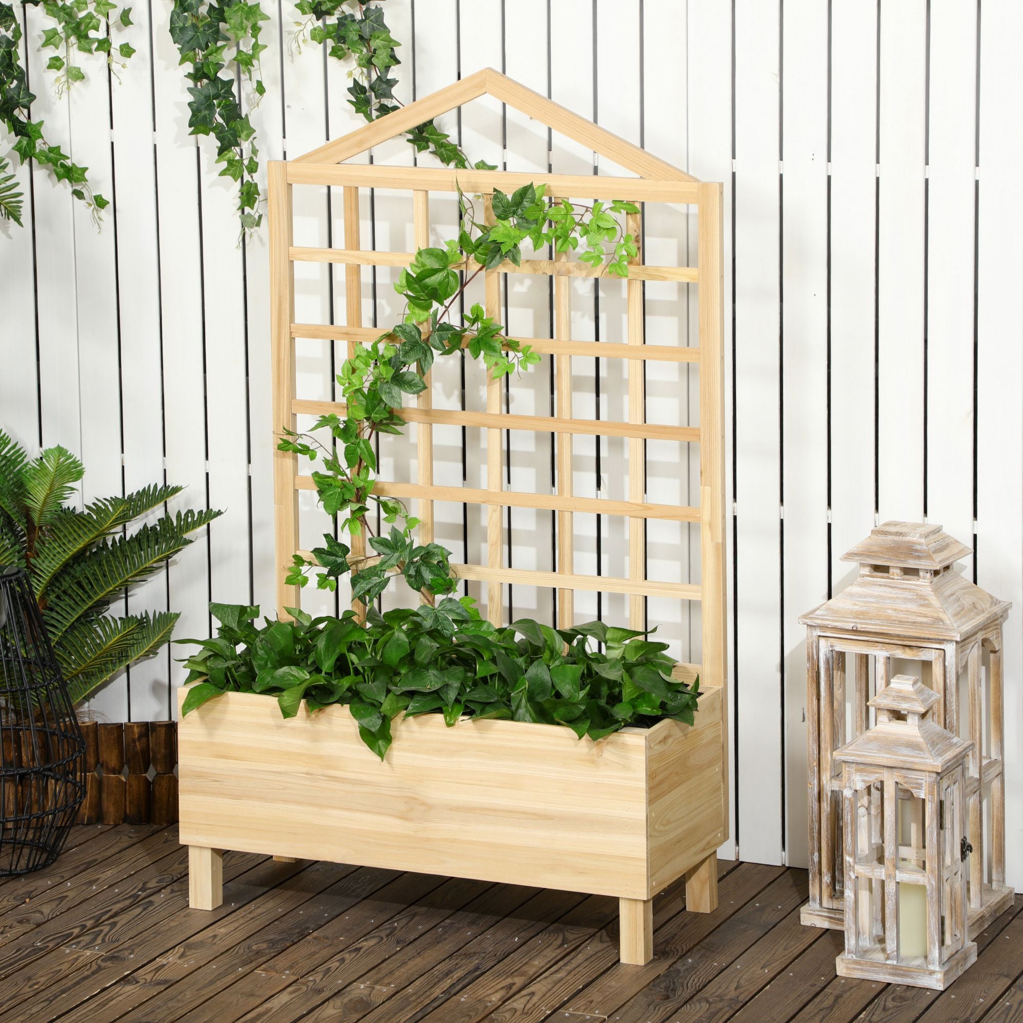 Outdoor Planter in Fir Wood with Trellis, Drainage Holes, and Non-Woven Fabric at the Bottom, 90x43x150 cm