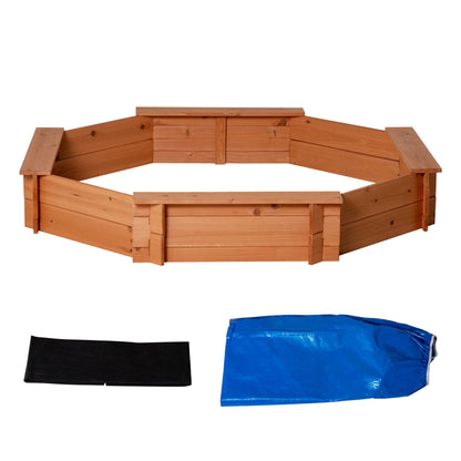 Wooden Children's Sandbox Octagon Sandbox with Polyester and Non-Woven Fabric Cover Playset for Kids 3-8 Years Old for Patio Garden 139.5x139.5x21.5 cm Red and Blue