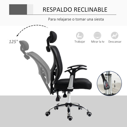 Mesh Office Chair with Adjustable Height Reclining Function Adjustable Headrest and Lumbar Support 62x67x108-118 cm Black