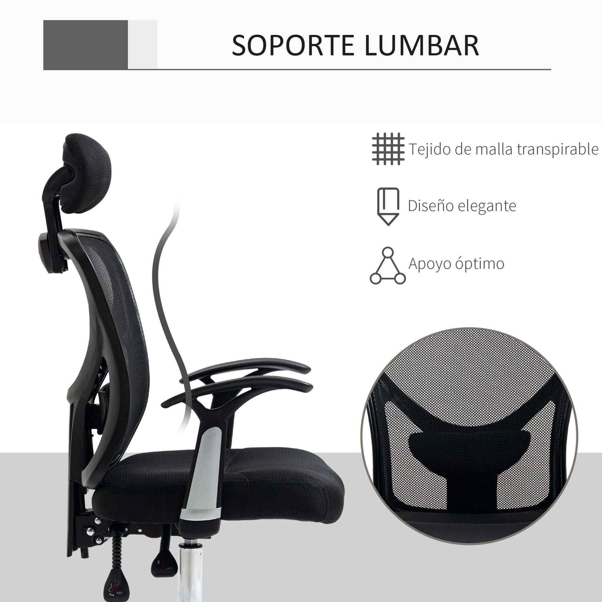 Mesh Office Chair with Adjustable Height Reclining Function Adjustable Headrest and Lumbar Support 62x67x108-118 cm Black