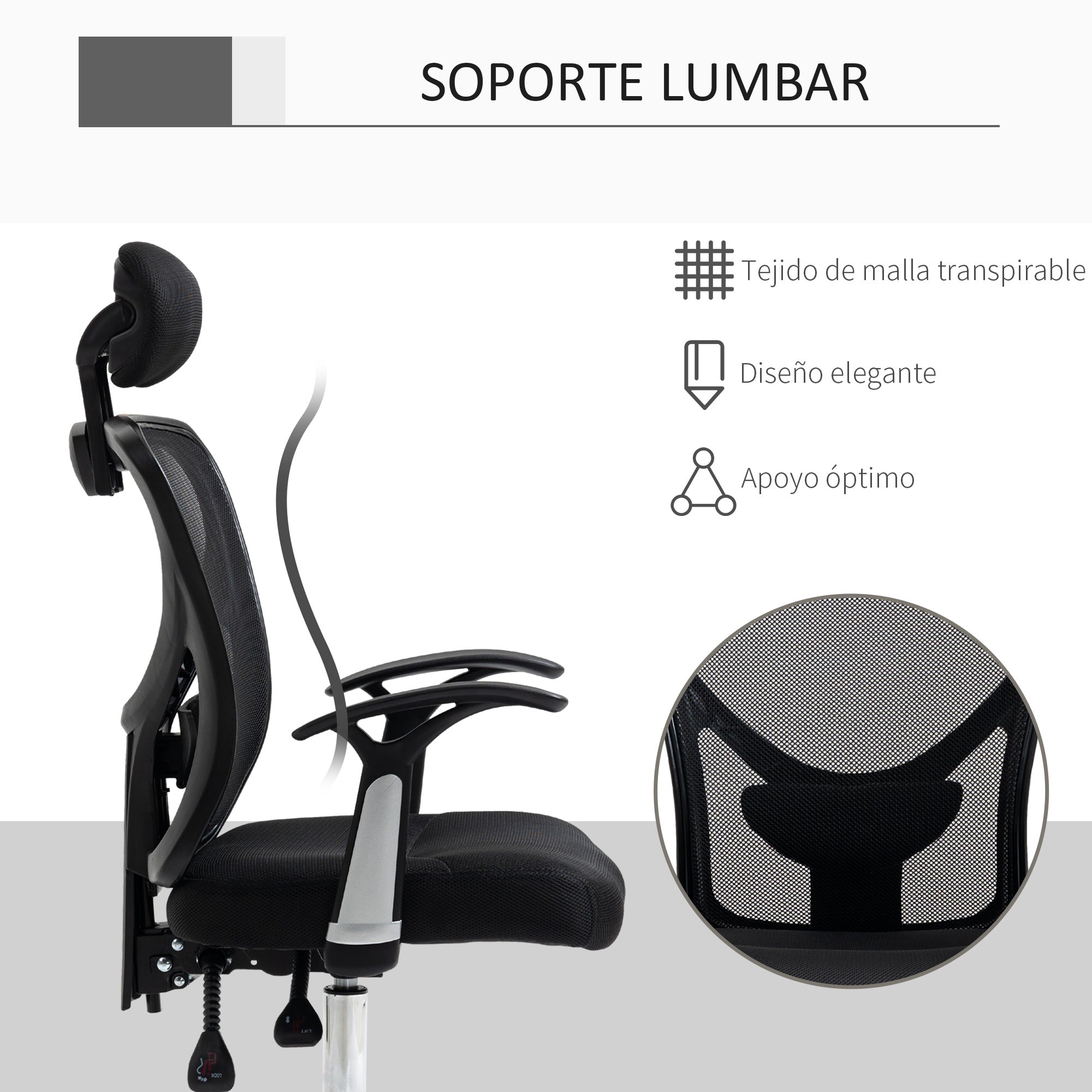 Mesh Office Chair with Adjustable Height Reclining Function Adjustable Headrest and Lumbar Support 62x67x108-118 cm Black