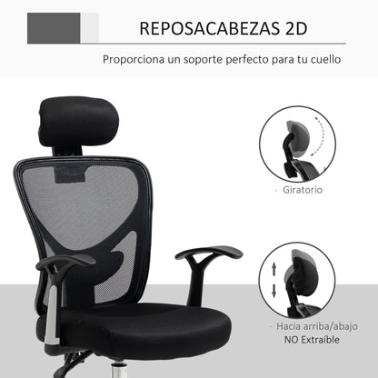 Mesh Office Chair with Adjustable Height Reclining Function Adjustable Headrest and Lumbar Support 62x67x108-118 cm Black