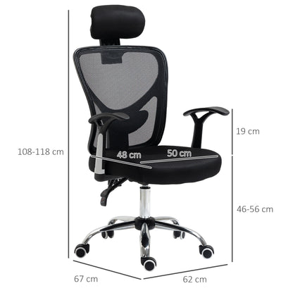 Mesh Office Chair with Adjustable Height Reclining Function Adjustable Headrest and Lumbar Support 62x67x108-118 cm Black