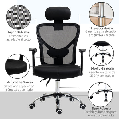 Mesh Office Chair with Adjustable Height Reclining Function Adjustable Headrest and Lumbar Support 62x67x108-118 cm Black