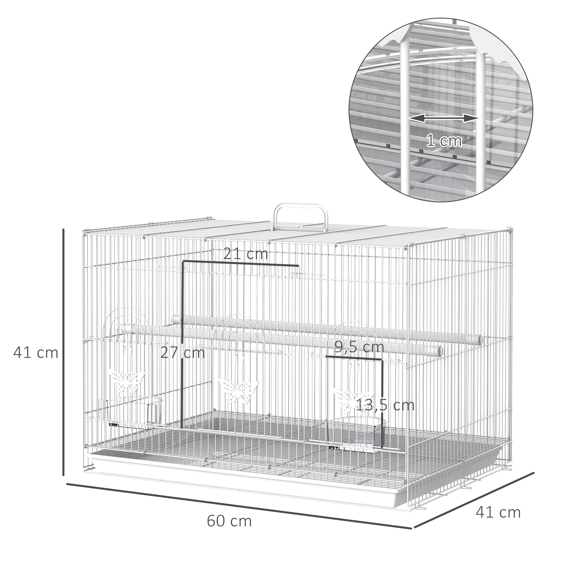 Bird Cage 60x41x41 cm Metal Birdcage with 2 Feeders 2 Perches 3 Doors and Carrying Handle for Small Birds Canaries Parrots White