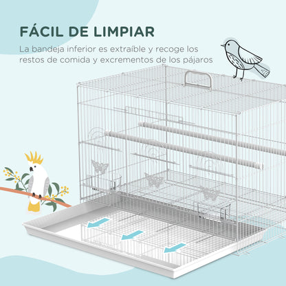 Bird Cage 60x41x41 cm Metal Birdcage with 2 Feeders 2 Perches 3 Doors and Carrying Handle for Small Birds Canaries Parrots White
