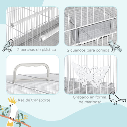 Bird Cage 60x41x41 cm Metal Birdcage with 2 Feeders 2 Perches 3 Doors and Carrying Handle for Small Birds Canaries Parrots White
